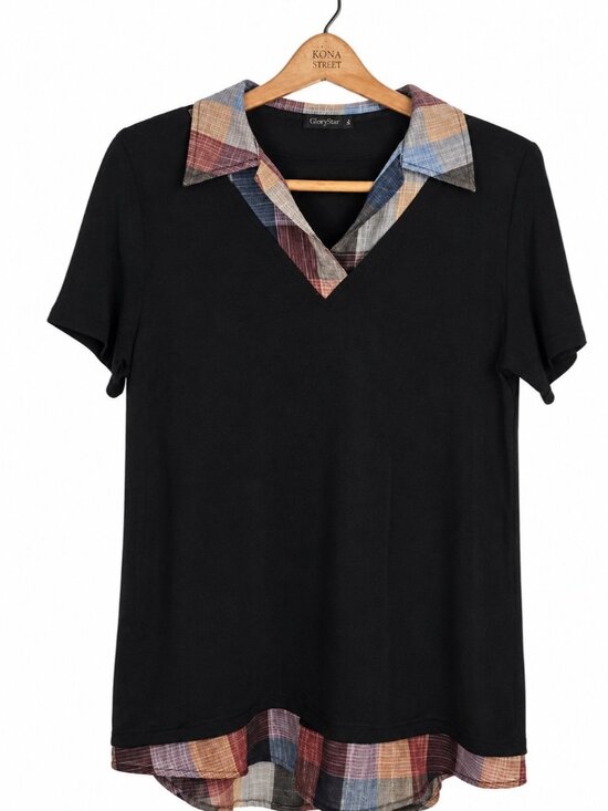 Glorystar Tops - Glorystar Womens Short Sleeve Top XL Black Plaid Trim Casual